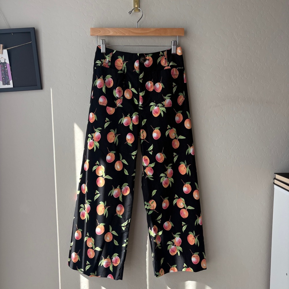 Maeve Anthropologie The Colette Peach Print Wide Leg Pants Black Size 25P - Picture 2 of 9